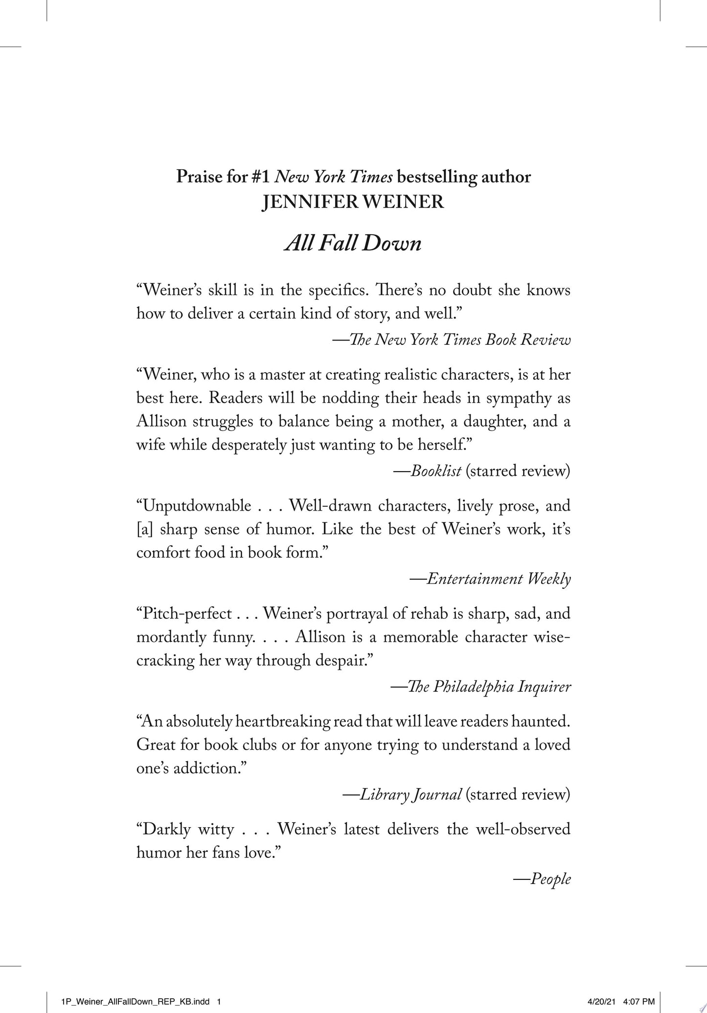 All Fall Down A Novel by Jennifer Weiner - USED